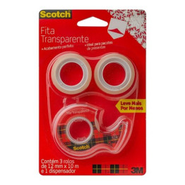 FITA ADESIVA 12mm X 10m TRANSPARENTE C/3 RL + DISPENSADOR SCOTCH 3M